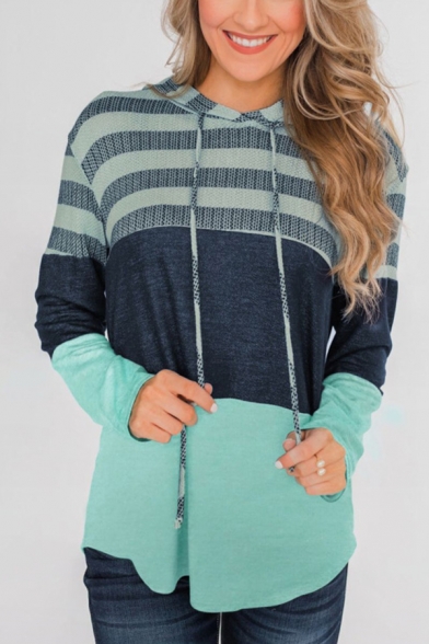 New Stylish Color Block Striped Print Long Sleeve Hoodie