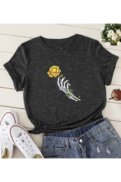 New Stylish Unique Floral Skull Printed Short Sleeve Round Neck Casual Unisex Tee