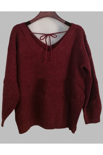 New Womens Plain V-Neck Mohair Knit Flared Sleeve Boxy Sweater