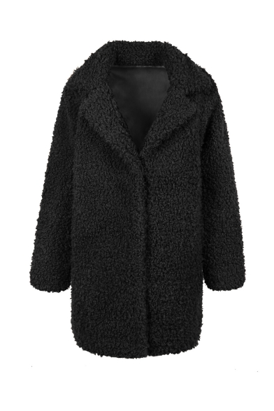 Plain Lapel Collar Long Sleeve Longline Tunic Faux Fur Coat