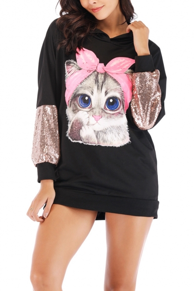Popular Cool Black Sequin Patch Long Sleeve Cute Cartoon Bow Cat Printed Straight Pullover Longline Hoodie