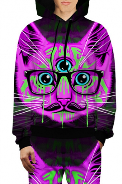 Popular Fashion Cartoon Three-eyed Cat Galaxy 3D Printed Long Sleeve Purple Pullover Hoodie