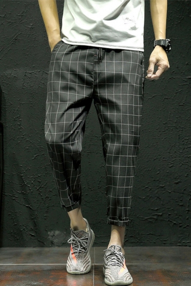 Popular Fashion Plaid Pattern Drawstring Waist Men's Trendy Casual Tapered Pants