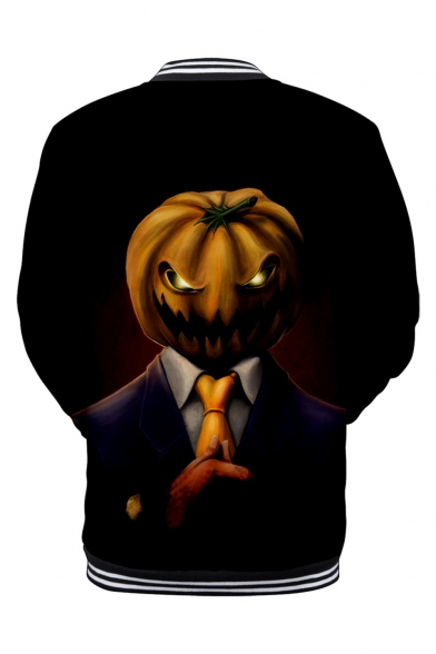 Popular Halloween Pumpkin Pattern Rib Stand Collar Long Sleeve Button Front Black Unisex Baseball Jacket