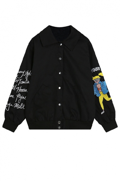 Popular Lapel Collar Single Breasted Embroidery Cartoon Girl Letter Long Sleeve Trench Coat