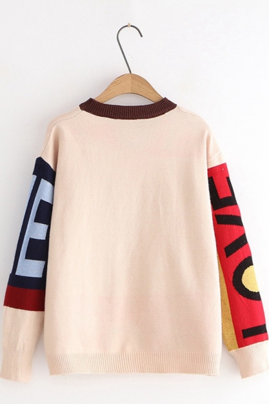 Simple Letter A Color Block Round Neck Long Sleeve Loose Fitted Sweater