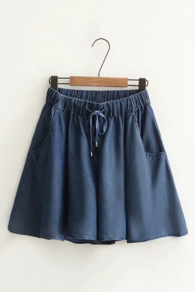 Simple Plain Draw Cord Double Pocket Wide Leg Tencel Denim Culottes Shorts