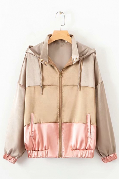 Simple Stand-Up Collar with Buckle Tab Hooded Zipper Colorblocked Jacket Coat with Pocket