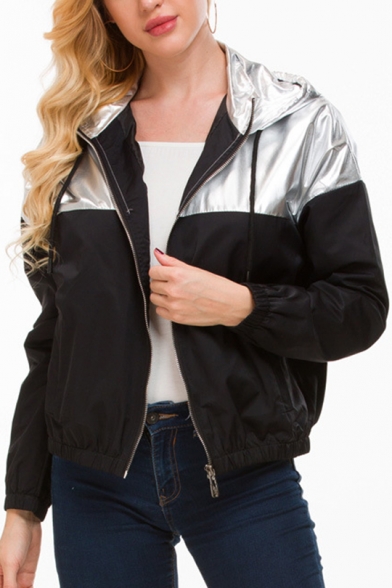 Sliver Metallic Panel Drawstring Hooded Long Sleeve Pocket Zipper Jacket Coat