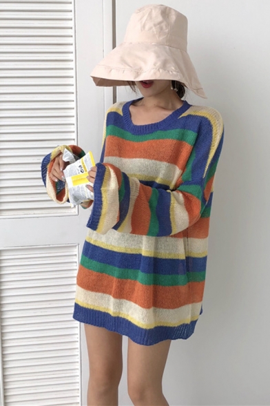 Spring Autumn Chic Rainbow Stripes Print Round Neck Bloomer Sleeve Boxy Sweater for Women