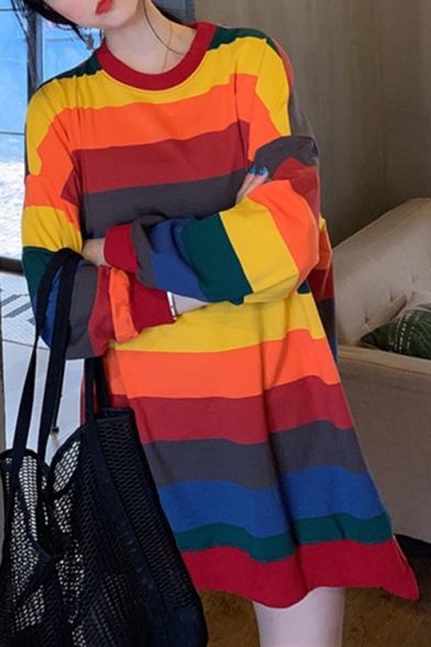 Stylish High Low Hem Rainbow Striped Round Neck Long Sleeve Loose Oversized Longline Sweatshirt