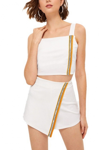 Stylish White Multicolor Patchwork Print Sleeveless Square Neck Strap Crop Top with Wrap Skirt Co-ords