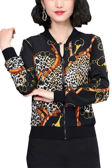 Suave Leopard Chain Panel Printed Stand Up Collar Natural Silk Black Slim Baseball Jacket
