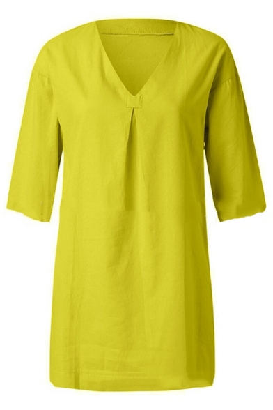 Summer 3/4 Sleeve V Neck Solid Color Cotton Linen Loose Dress Blouse