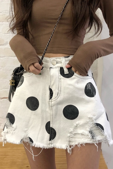 Summer High Waist Ripped Polka Dot Printed Raw Hem Mini A-Line Denim Skirt