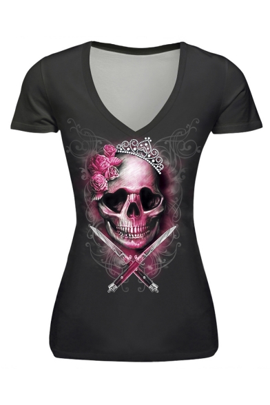 Summer Hot Fashion Halloween Skull Pattern V-Neck Short Sleeve Black T-Shirt