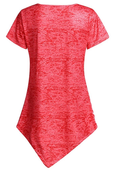 Summer Hot Stylish Floral Print Short Sleeve Round Neck Asymmetric Hem T-Shirt