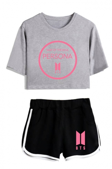 Summer's BTS Idol PERSONA Letters Print Short Sleeve Crop T-Shirt with Dolphin Shorts Co-ords