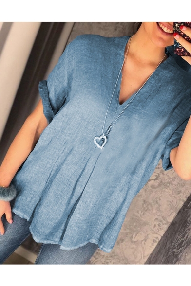 Summer Women's Chic Simple Solid Color V-Neck Short Sleeve Loose Blouse