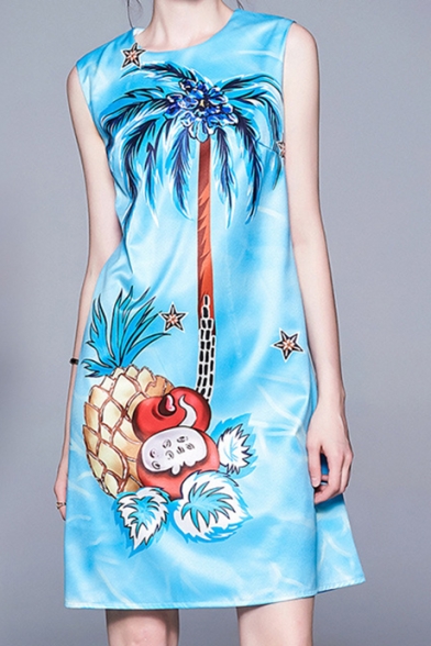 Summer Womens Sky Blue Round Neck Sleeveless Pineapple Coconut Print Midi Swing Tank Dress