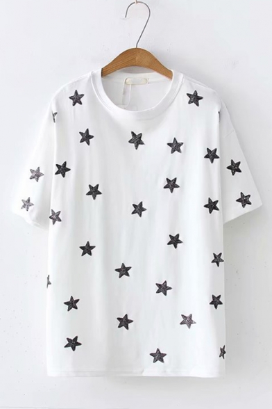 Sweet Chic Short Sleeve Round Neck Star Sequin Embroidered Lady Tee