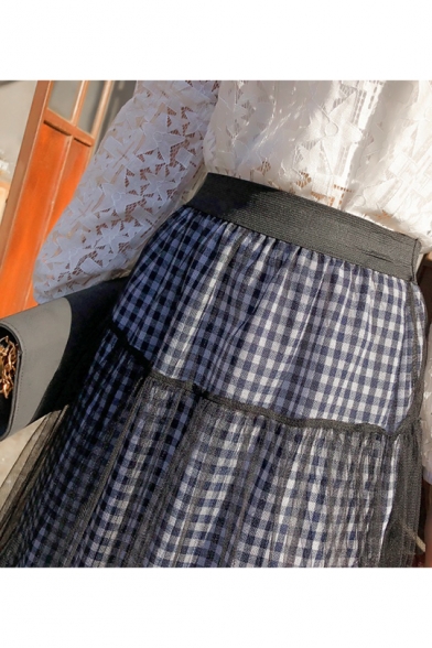 Trendy High Waist Check Printed Ruffle Hem Patch Maxi Mesh Skirt