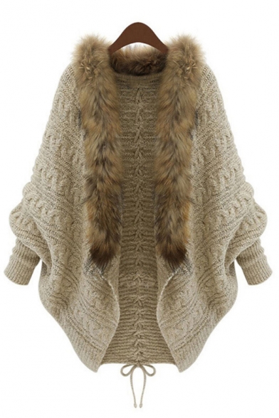 Unique Fashion Fur-Trimmed Batwing Long Sleeve Cable Knitted Cardigan Knitwear