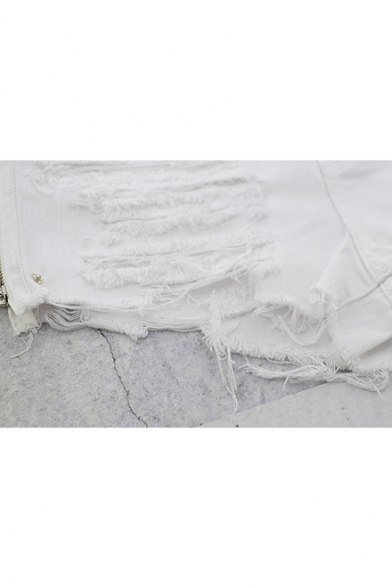 White High Waist Ripped Washed Fringe Hem Star Embroidered Zip Side Beach Denim Shorts