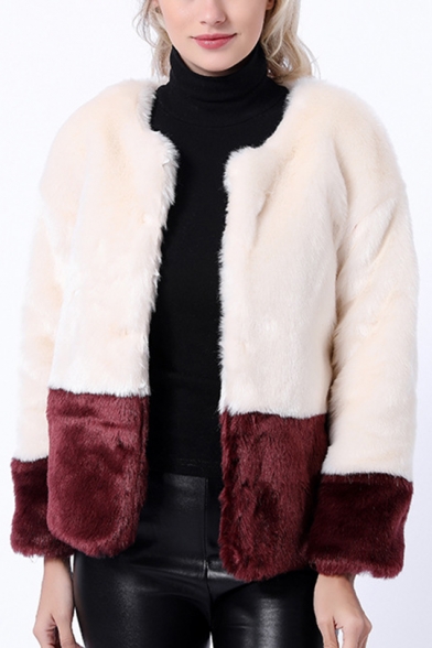 Winter Crewneck Collar Open Front Colorblocked Faux Rabbit Fur Jacket Coat