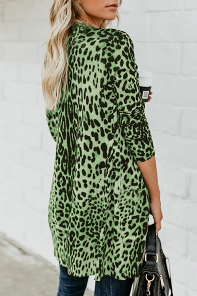 Women Hot Popular Collarless Leopard Printed Single Breasted Longline Overcoat