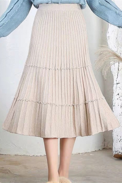 Women's Elastic High Waist Pure Color Knit Ruffle Mid-Length A-Line Skirt