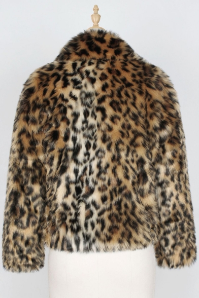Women's Fashion Lapel Collar Leopard Printed Open Front Solid Faux Fur Outerwear Coat