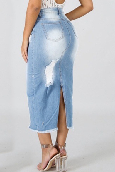 Women's Sexy Washed Denim Frayed Knee-Length Bodycon Jean Skirt