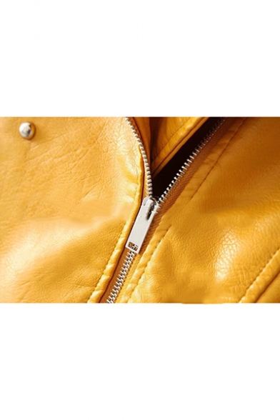 Womens Cool Trendy Rivet Embellished Solid Color Lapel Collar Long Sleeve Zip Up Short Biker Jacket