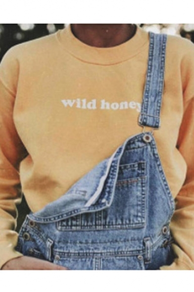 Womens Cool Unique Yellow Long Sleeve Wild Honey Letter Pullover Sweatshirts