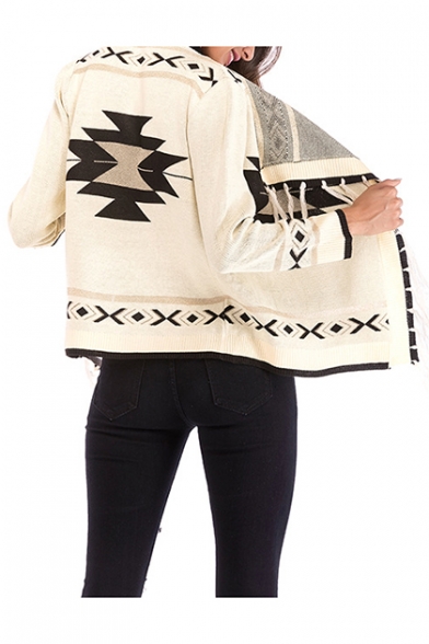 Womens Fashion Geo-Tribal Print Tassel Hem Long Sleeve Cardigan Coat