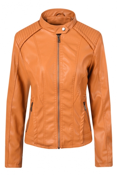 Womens Hot Fashion Long Sleeve High Neck Zipper Front Plain PU Biker Jacket