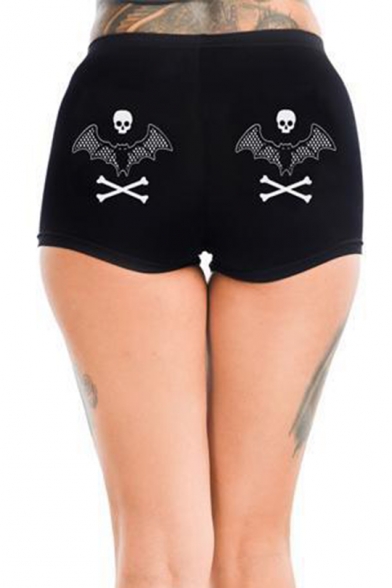 Womens New Fashion Black Elastic Waist Skull Bat Printed Slim Fitted Shorts