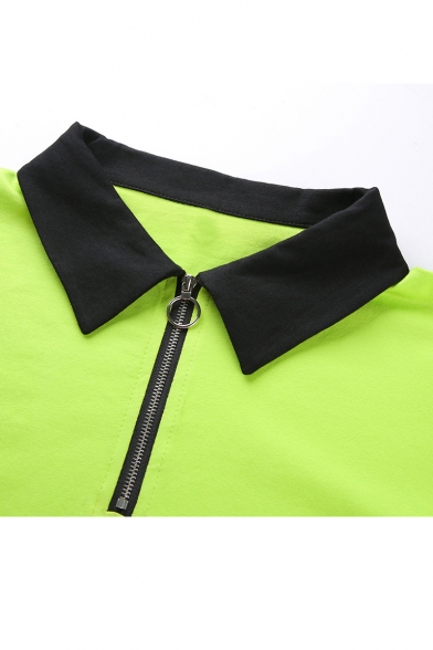 Womens New Fashion Lapel Collar Short Sleeve Letter Print Zip Placket Green Crop Tee