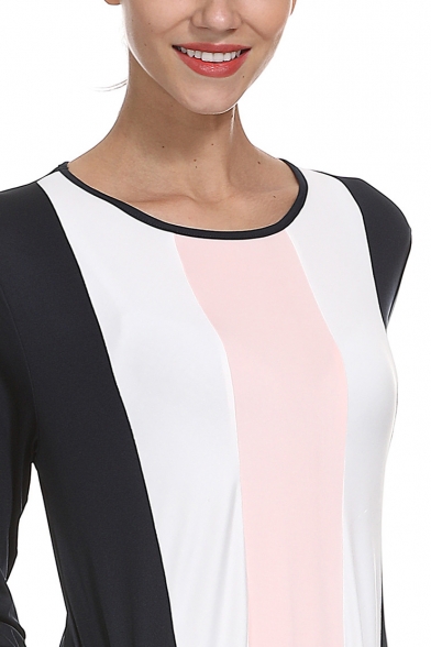Womens New Fashion Round Neck Long Sleeve Color Block Striped Swing Sheath Maxi Dress