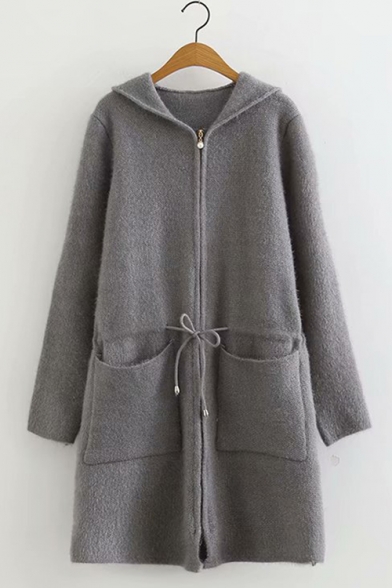 Womens New Fashion Simple Plain Drawstring Waist Long Sleeve Hooded Zip Up Longline Knitted Coat