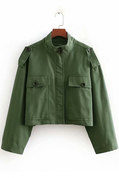 Womens New Stylish Army Green Simple Plain Stand Collar Long Sleeve Cropped Military Jacket