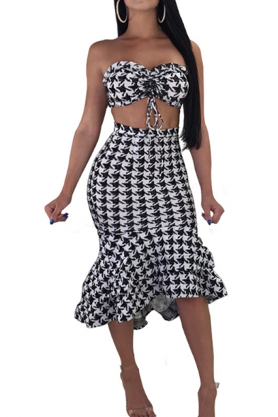 Womens New Stylish Black and White Printed Crop Bandeau Top with Midi Fitted Ruffle Skirt Two-Piece Set