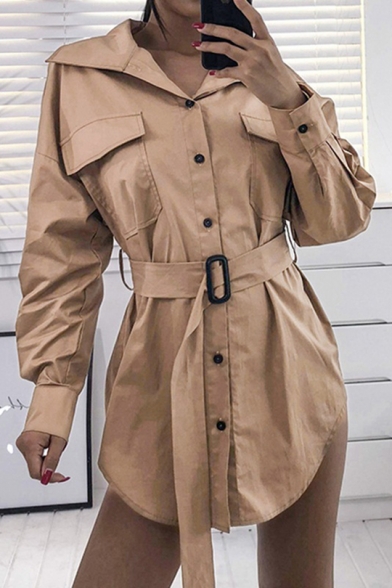 Womens New Stylish Lapel Collar Long Sleeve Belted Waist Khaki Button Down Trench Coat