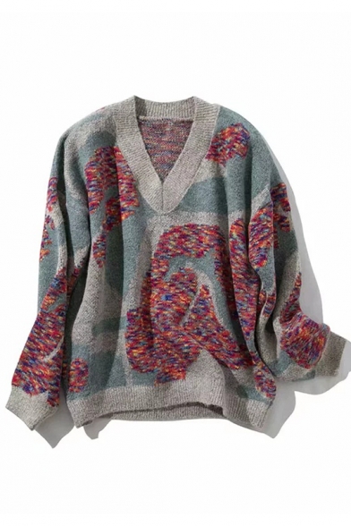 Womens Off-Duty Patchwork Print V-Neck Long Sleeve Chenille Knitted Sweater