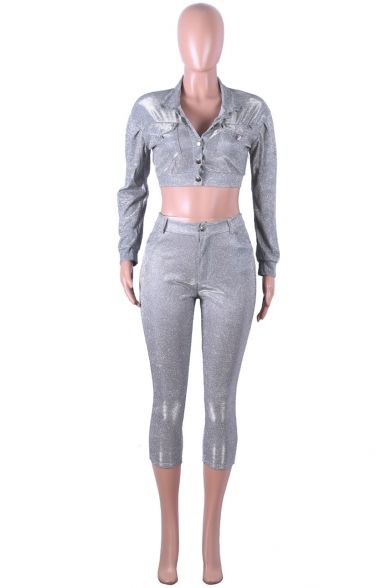 Womens Pub Style Grey Sequined Collared Neck Long Sleeve Crop Tops Zipper Fly Slim Pants Co-ords