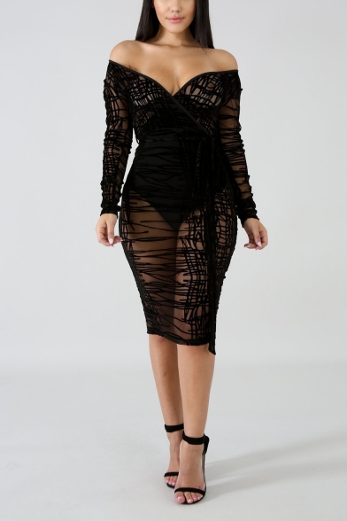 Womens Sexy Black Transparent Lace Plunge V-Neck Long Sleeve Midi Bandage Dress