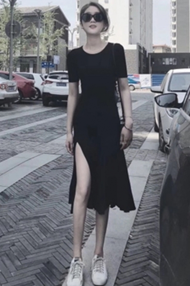 Womens Summer Round Neck Short Sleeve Split Front Black Pleated Sheath Maxi Dress