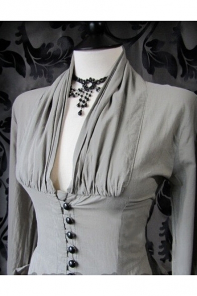 Womens Summer Vintage Simple Plain V-Neck Long Sleeve Button Front Slim Blouse Shirt