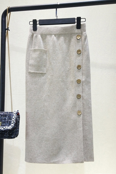 Womens Trendy Plain Button Down Side Single Pocket Midi Knit Pencil Skirt